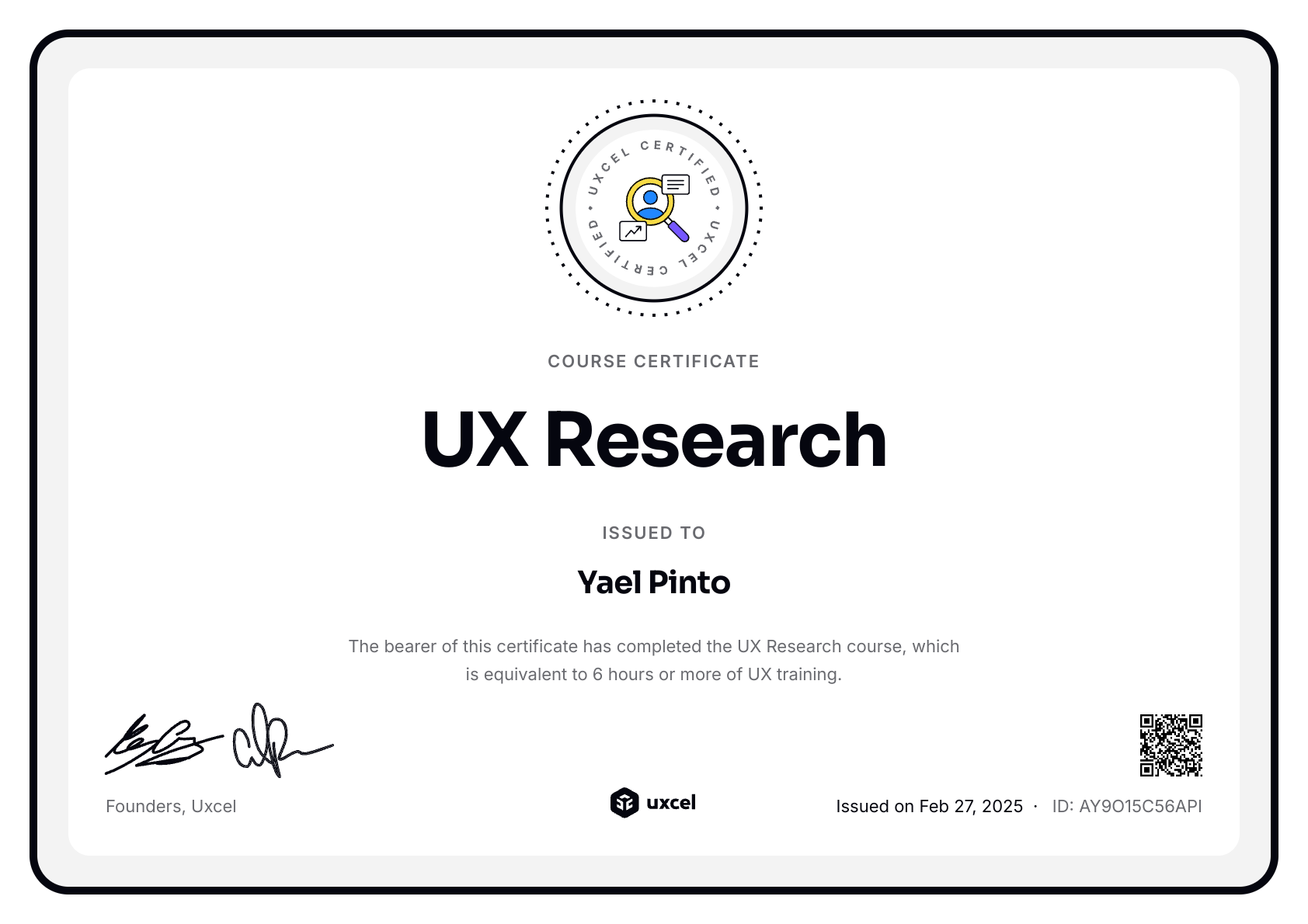 Yael Pinto's certificate